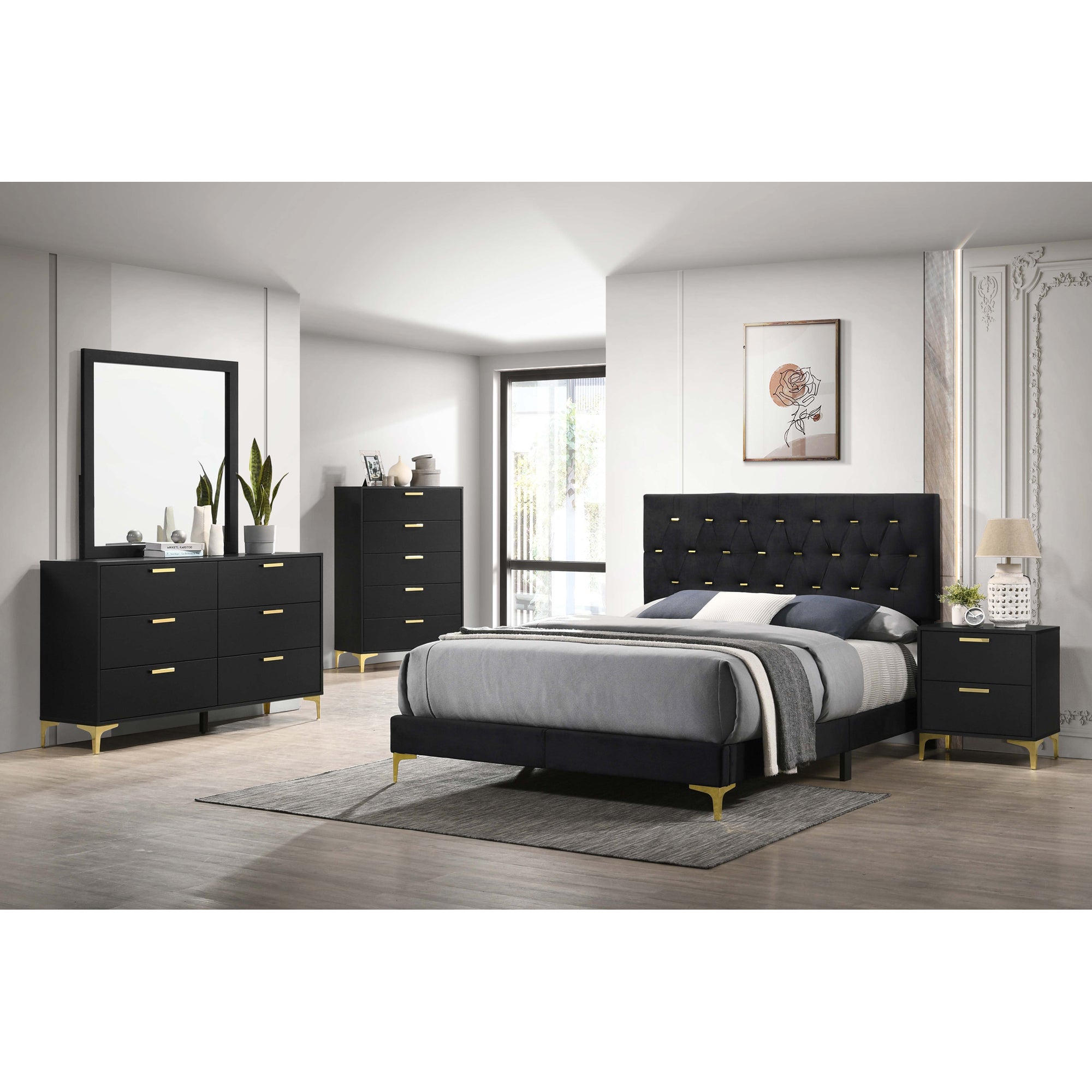 Lexie Black/Gold Diamond Tufted California King Panel Bed