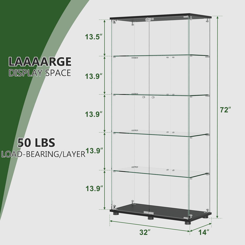 Glass Display Cabinet with 5-Shelf Double Doors and Lock