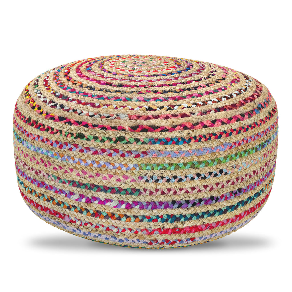 Margo 30 Inch Wide Round Pouf in Multi-Color Handwoven Jute and Cotton