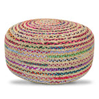 Margo 30 Inch Wide Round Pouf in Multi-Color Handwoven Jute and Cotton