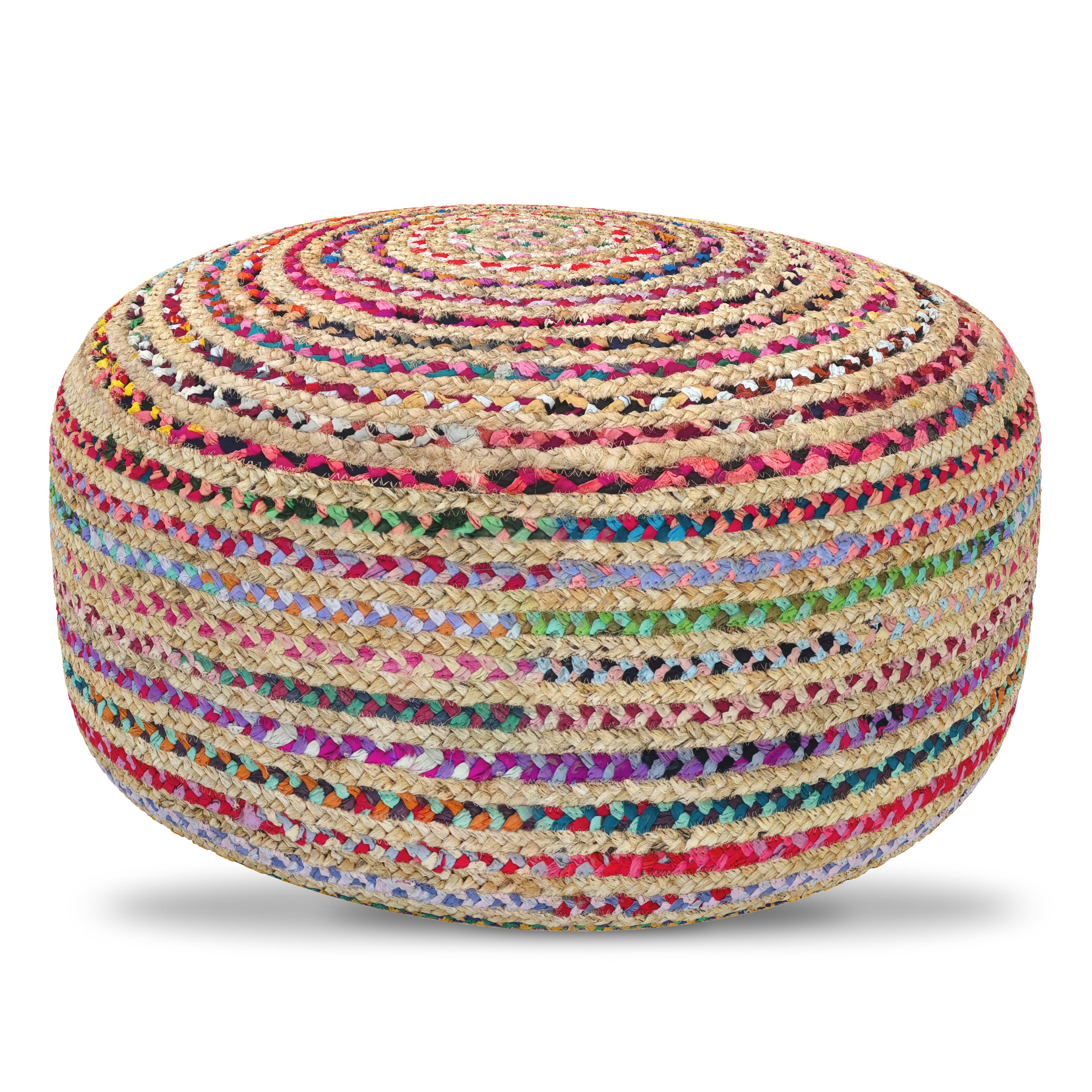 Margo 30 Inch Wide Round Pouf in Multi-Color Handwoven Jute and Cotton