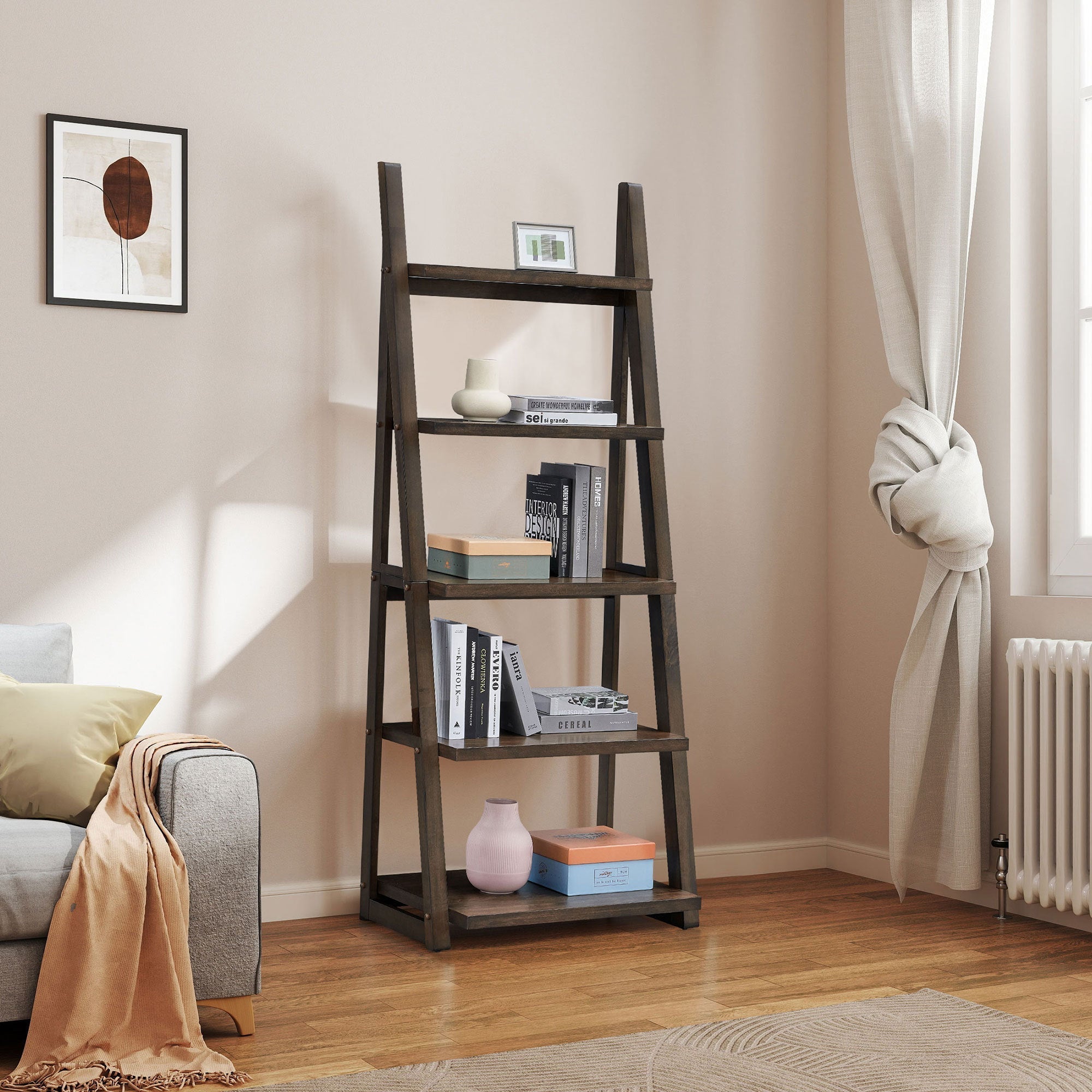 5-Tier Rubber Wood Bookshelf Ladder Storage Rack
