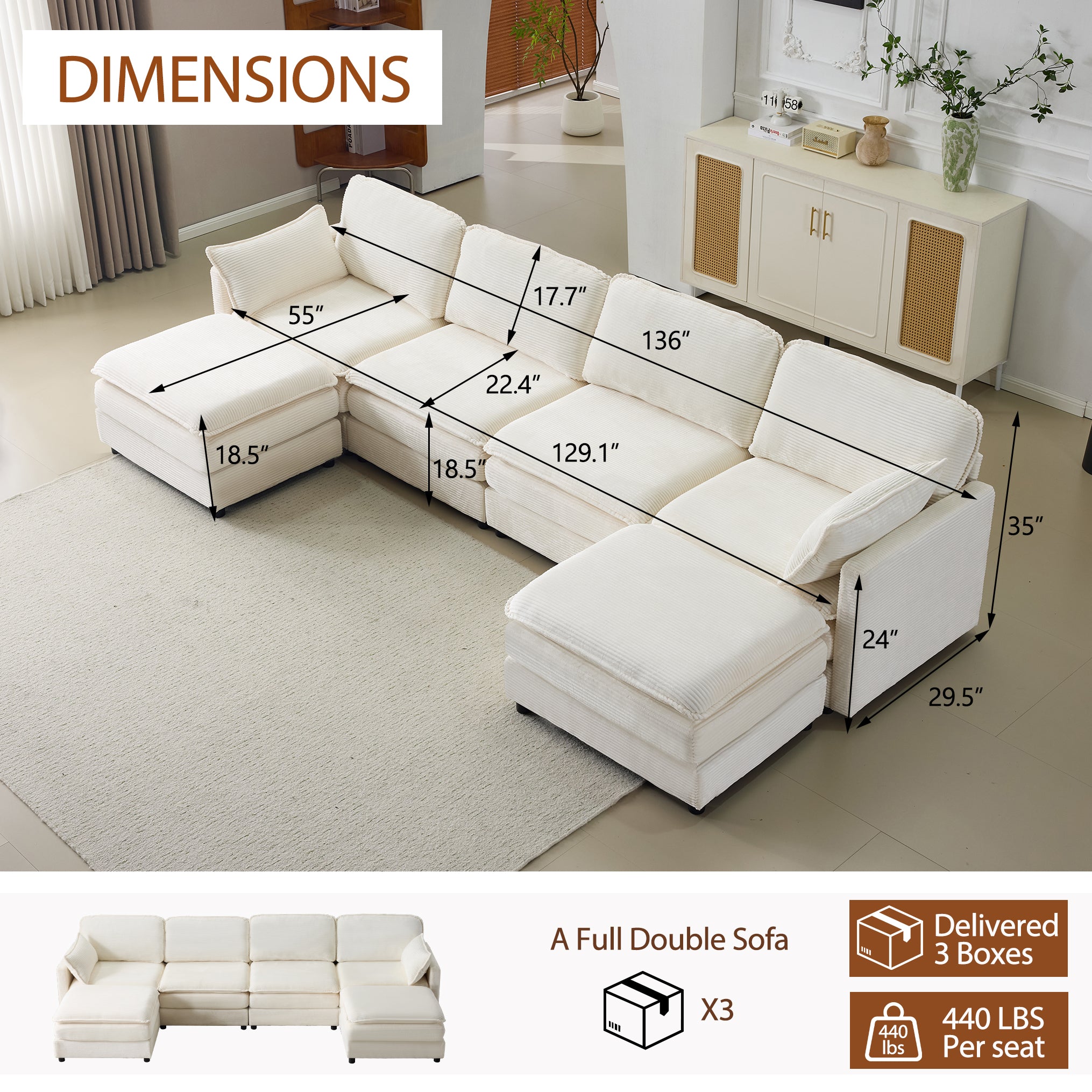 136" Plush Cloud 3-Seater Sofa