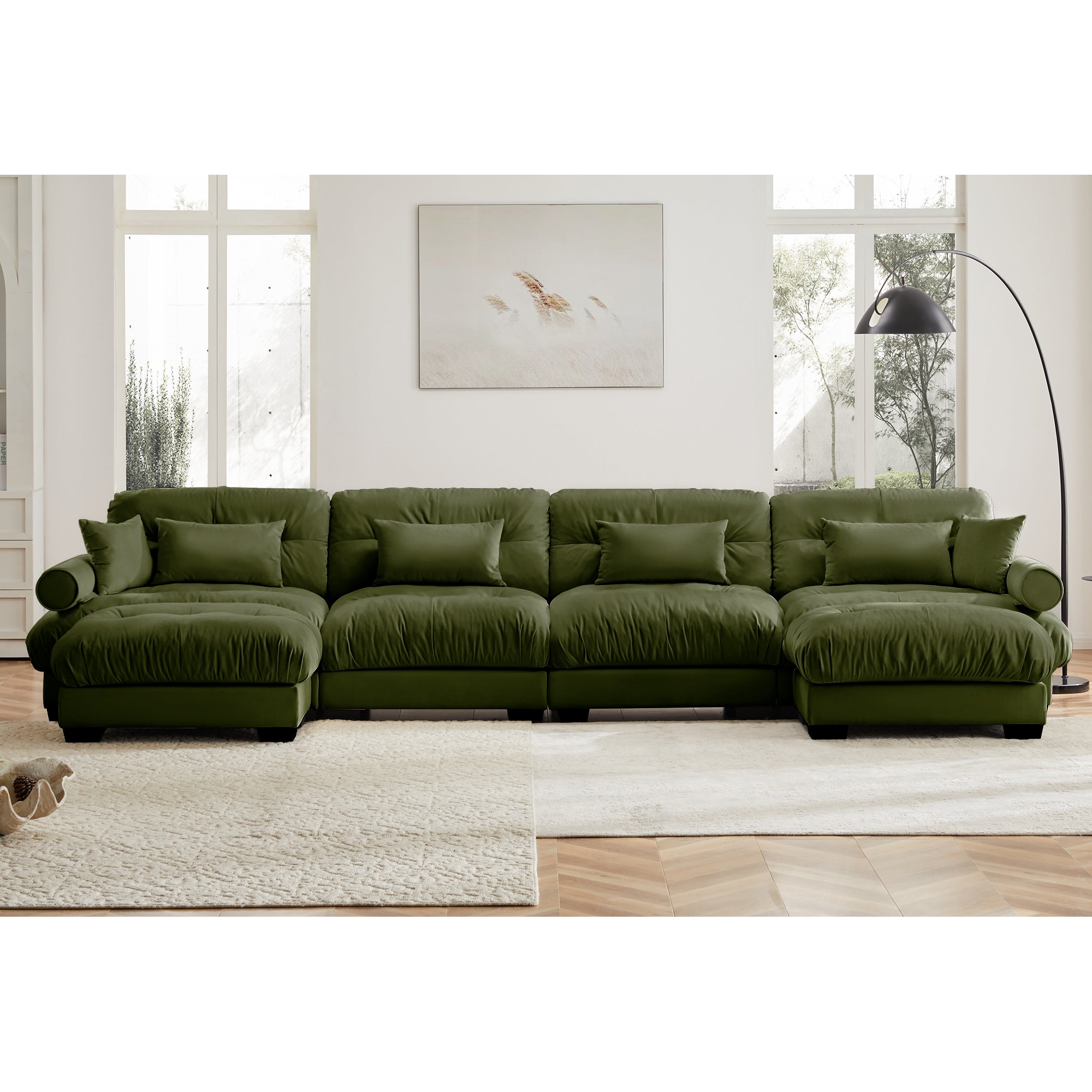 U Shaped Sectional Sofa Cloud Couch in Olive Velvet