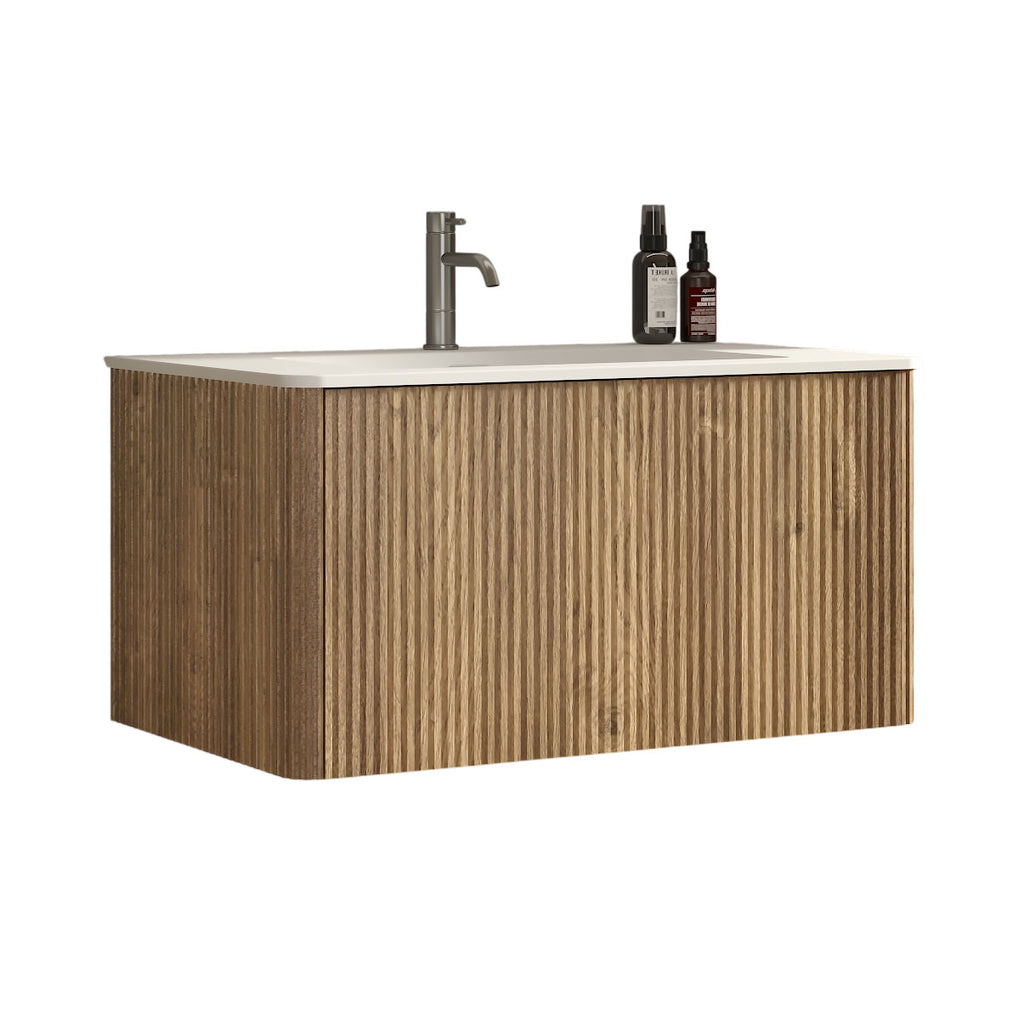 Etna 30-Inch Oak Striped Bathroom Vanity with White Solid Surface Sink