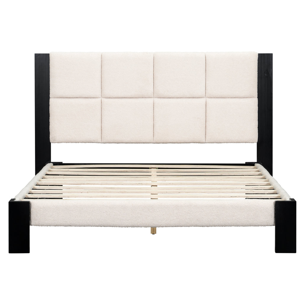 Boucle Queen Bed Frame with Square-Stitched Headboard
