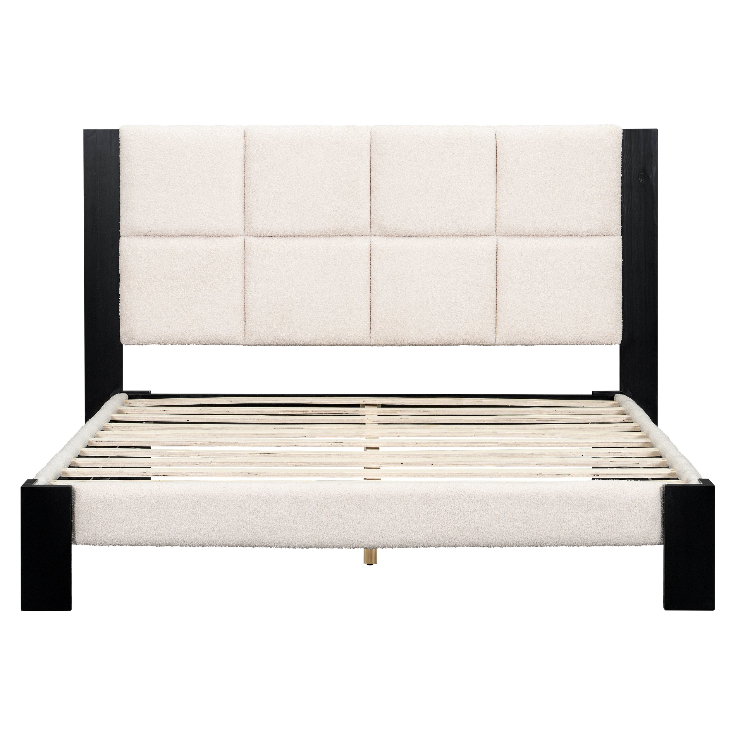 Boucle Queen Bed Frame with Square-Stitched Headboard