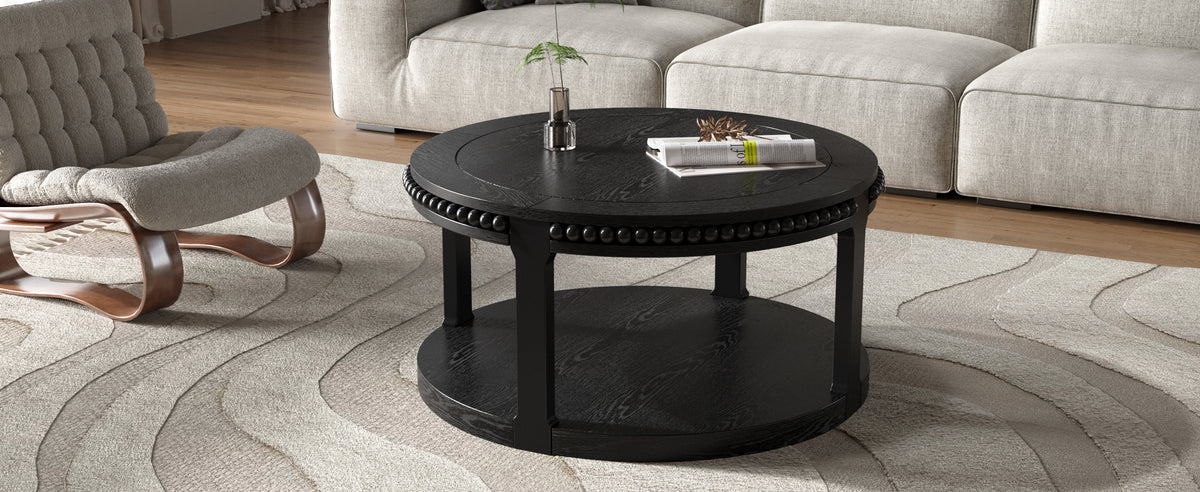31.5-Inch Round Solid Wood Coffee Table, Two-Tier Open Storage, Black