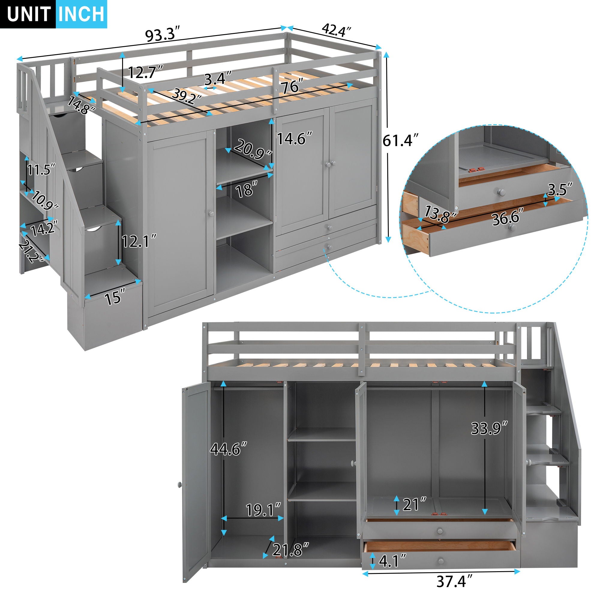 Loft Bed With 3 Shelves, 2 Wardrobes, 2 Drawers, Ladder Storage