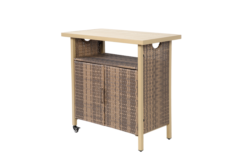Outdoor Wicker Bar Cart, Patio Wine Serving Cart with Wheels