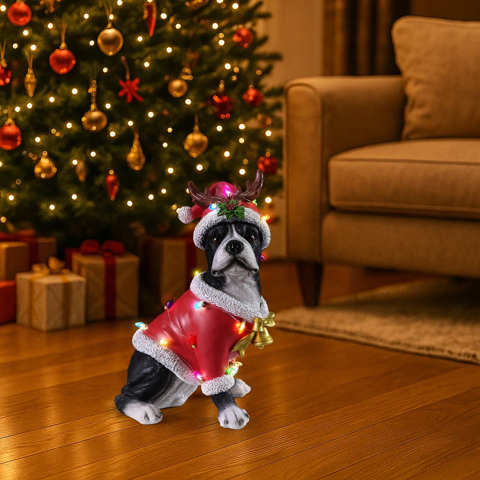 Christmas Boston Terrier Statue, Holiday Dog Figurine in Santa Outfit