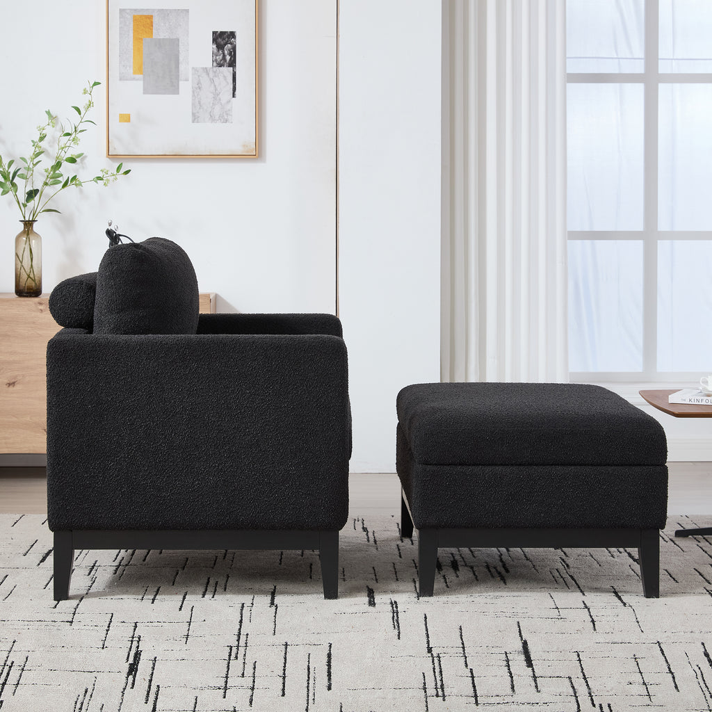 Farmhouse Performance Upholstered Wood Base Square Accent Arm Chair with Ottoman