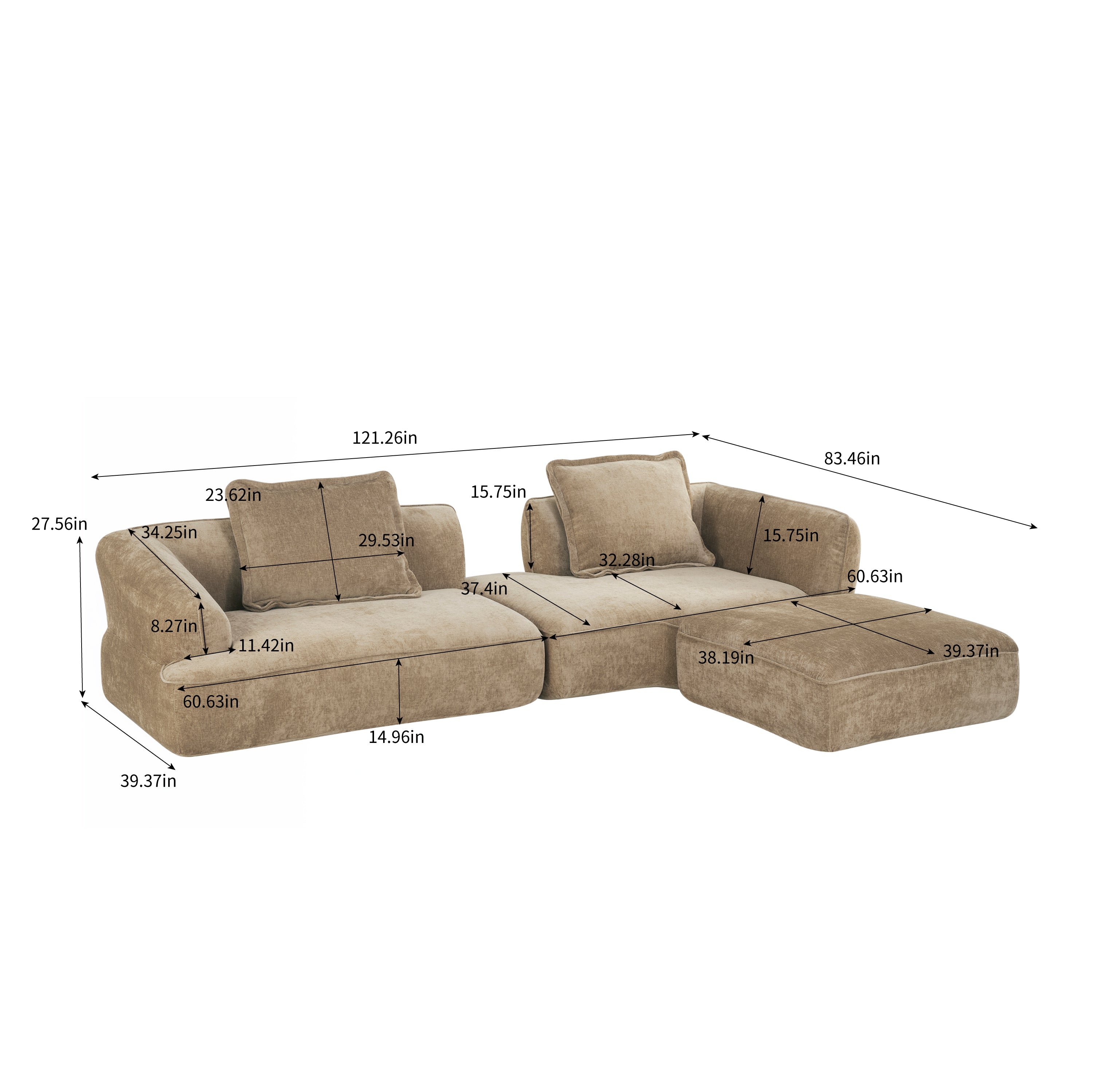 122" Modern L-Shaped Sectional Sofa with Chaise Lounge
