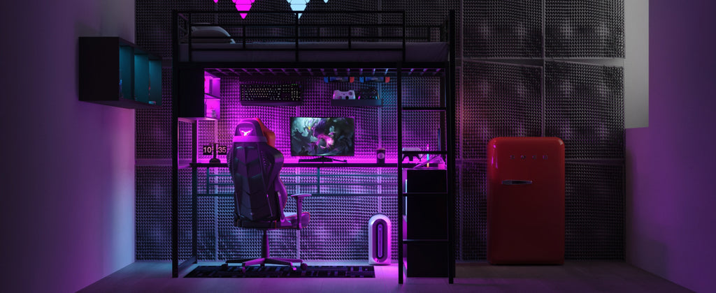 Full Size Metal Loft Bed With LED, Desk And 4 Storage Shelves