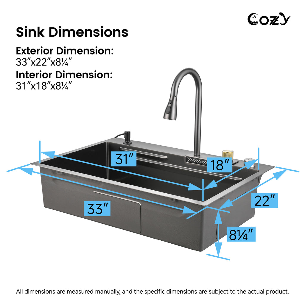 Waterfall Kitchen Sink, Stainless Steel Single Bowl