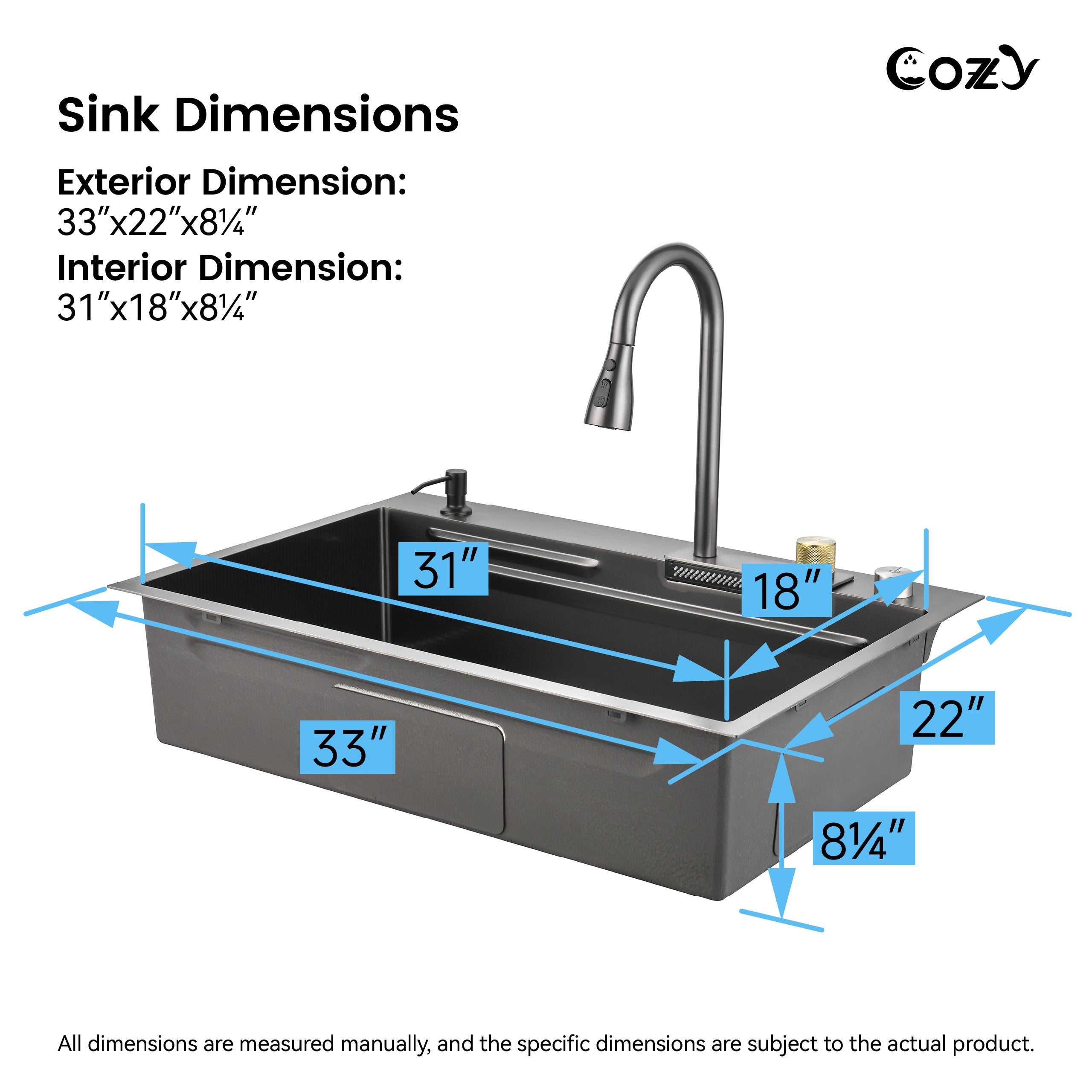 Waterfall Kitchen Sink, Stainless Steel Single Bowl