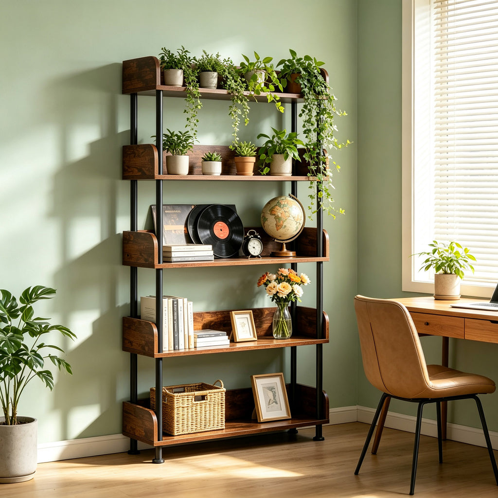 5-Tier Industrial Bookshelf - Open Rustic
