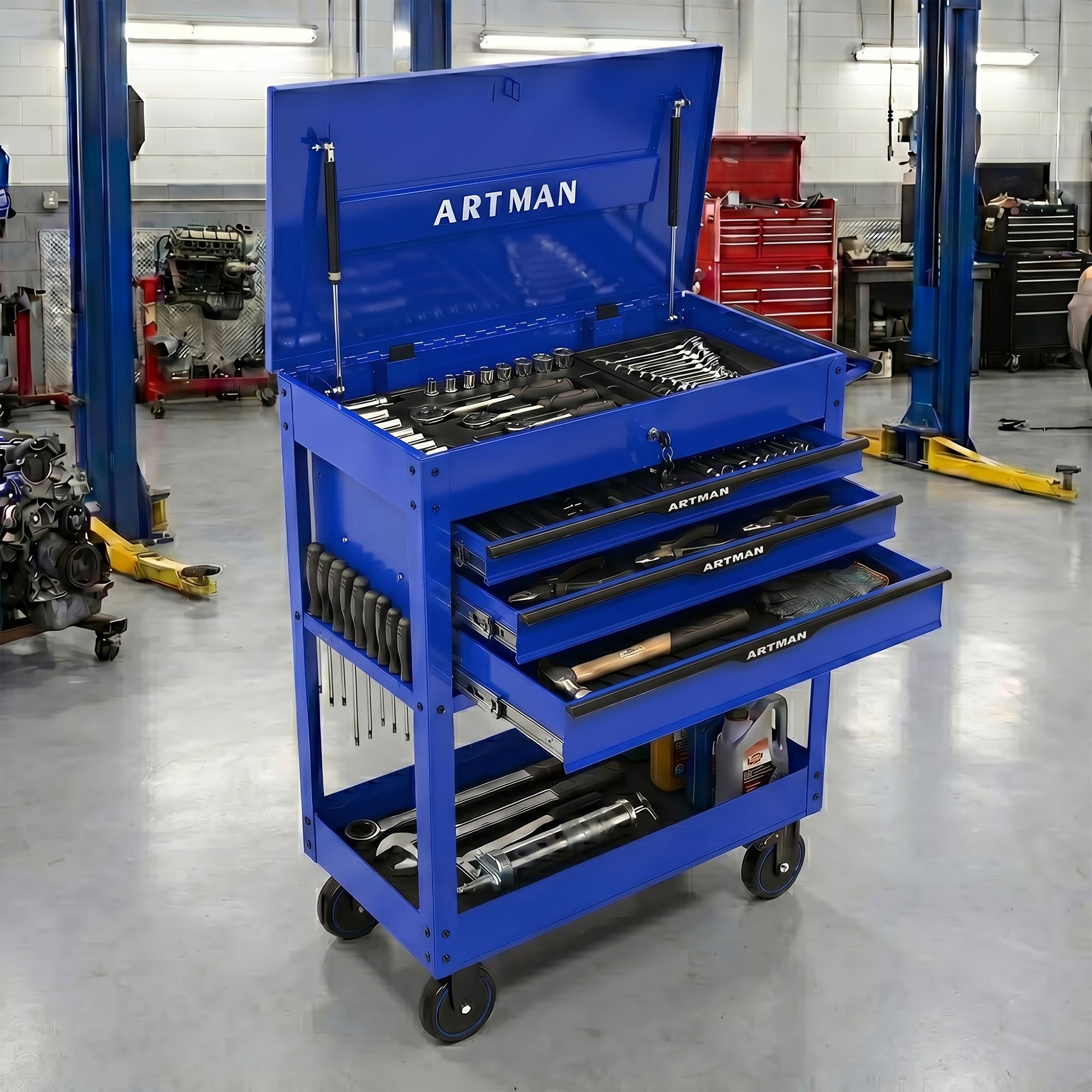 3 Drawers Multifunctional Tool Cart with Wheels and Steel Top