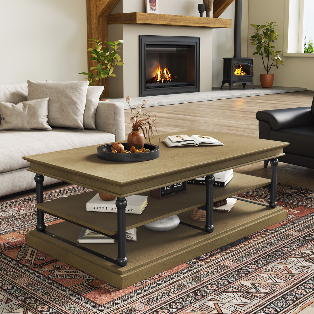55.1" Wood Coffee Table with Open Shelves