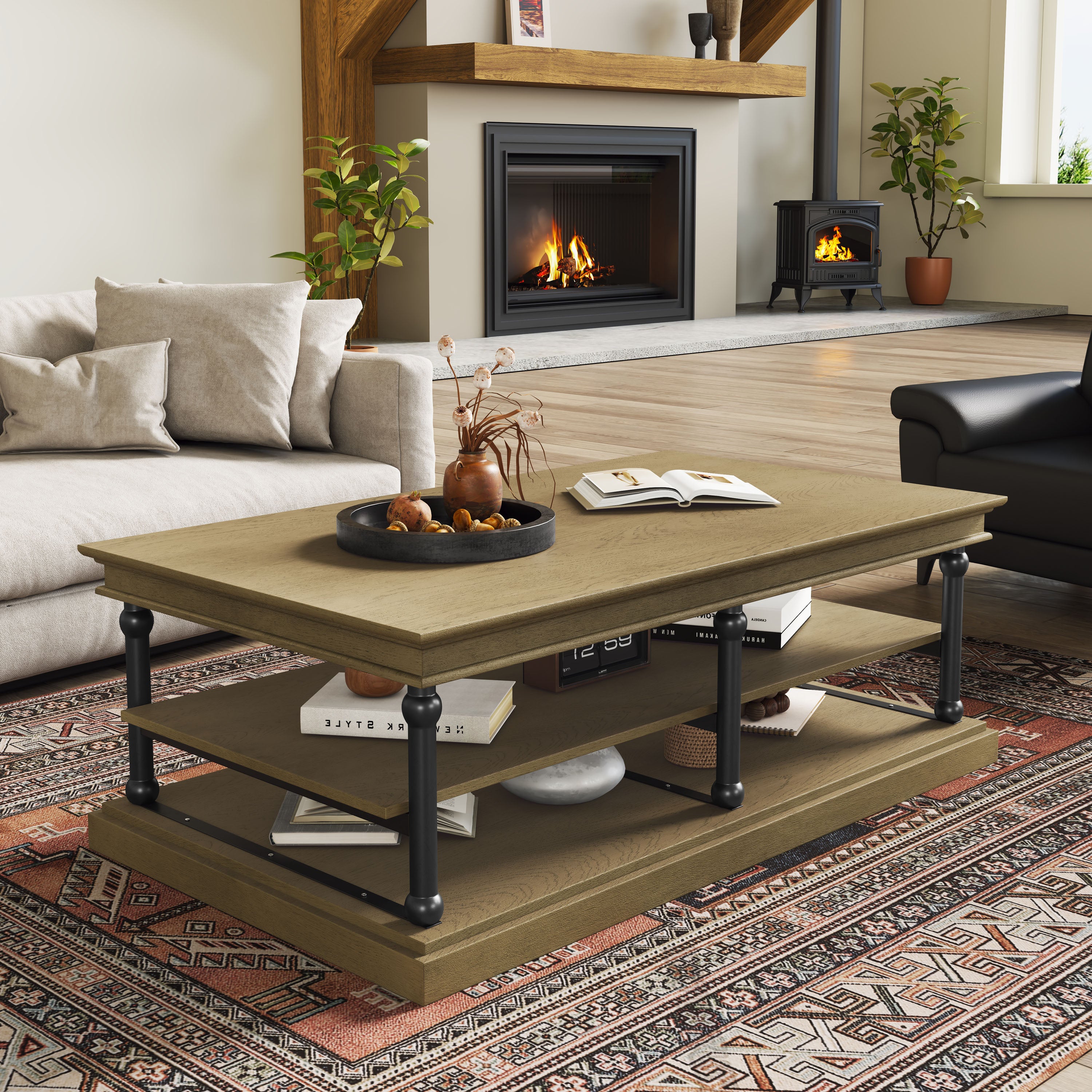 55.1" Wood Coffee Table with Open Shelves