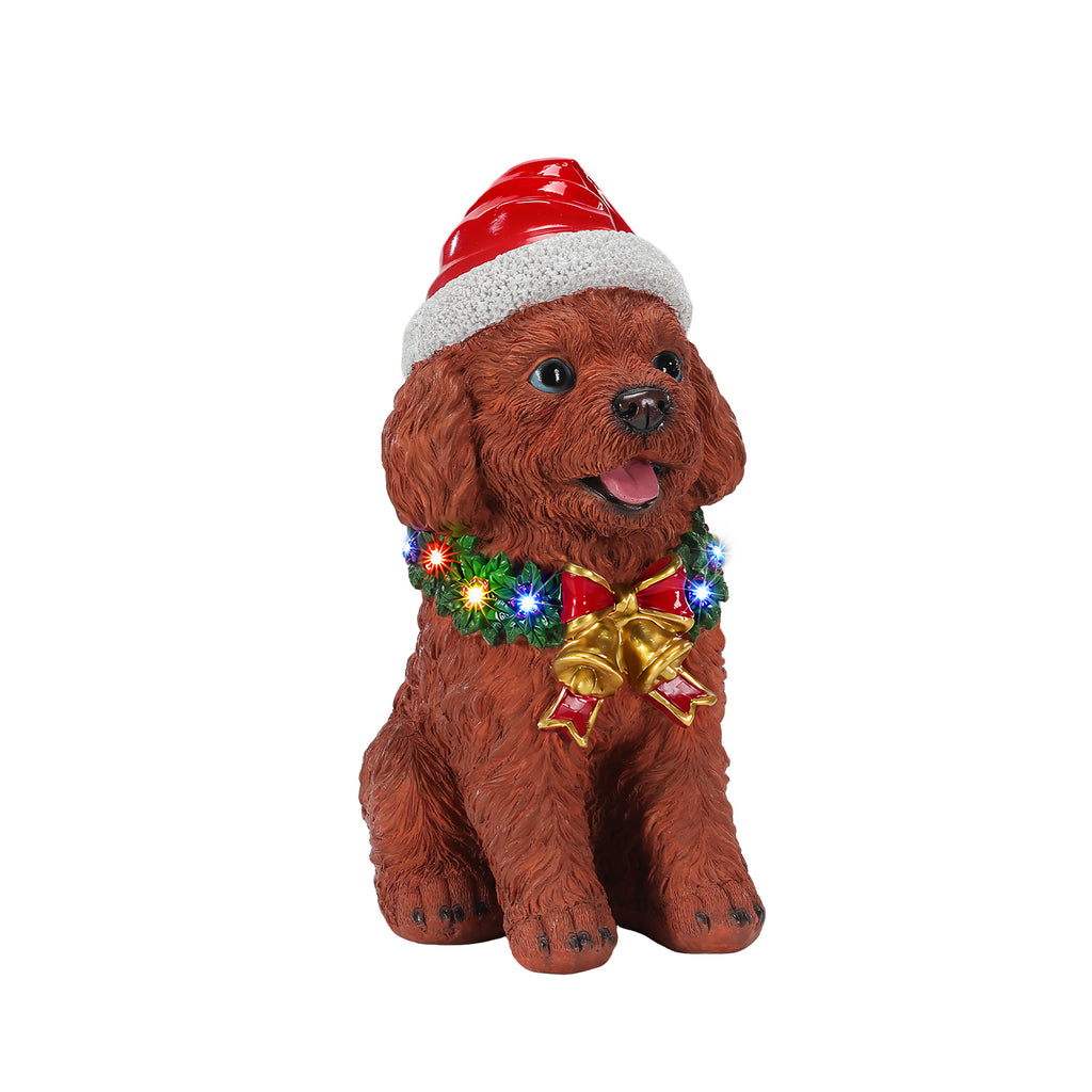 Lighted Christmas Teddy Poodle Dog Statue, Santa Hat Puppy Figurine with LED Wreath and Bells