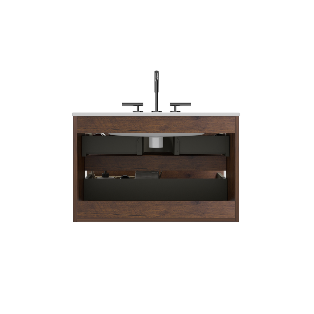 Wall Mount 30-Inch Bathroom Vanity, Walnut with Ceramic Sink