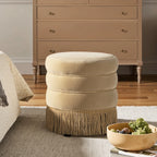 Edward 17.5" Round Upholstered Ottoman with Bullion Fringe Fawn
