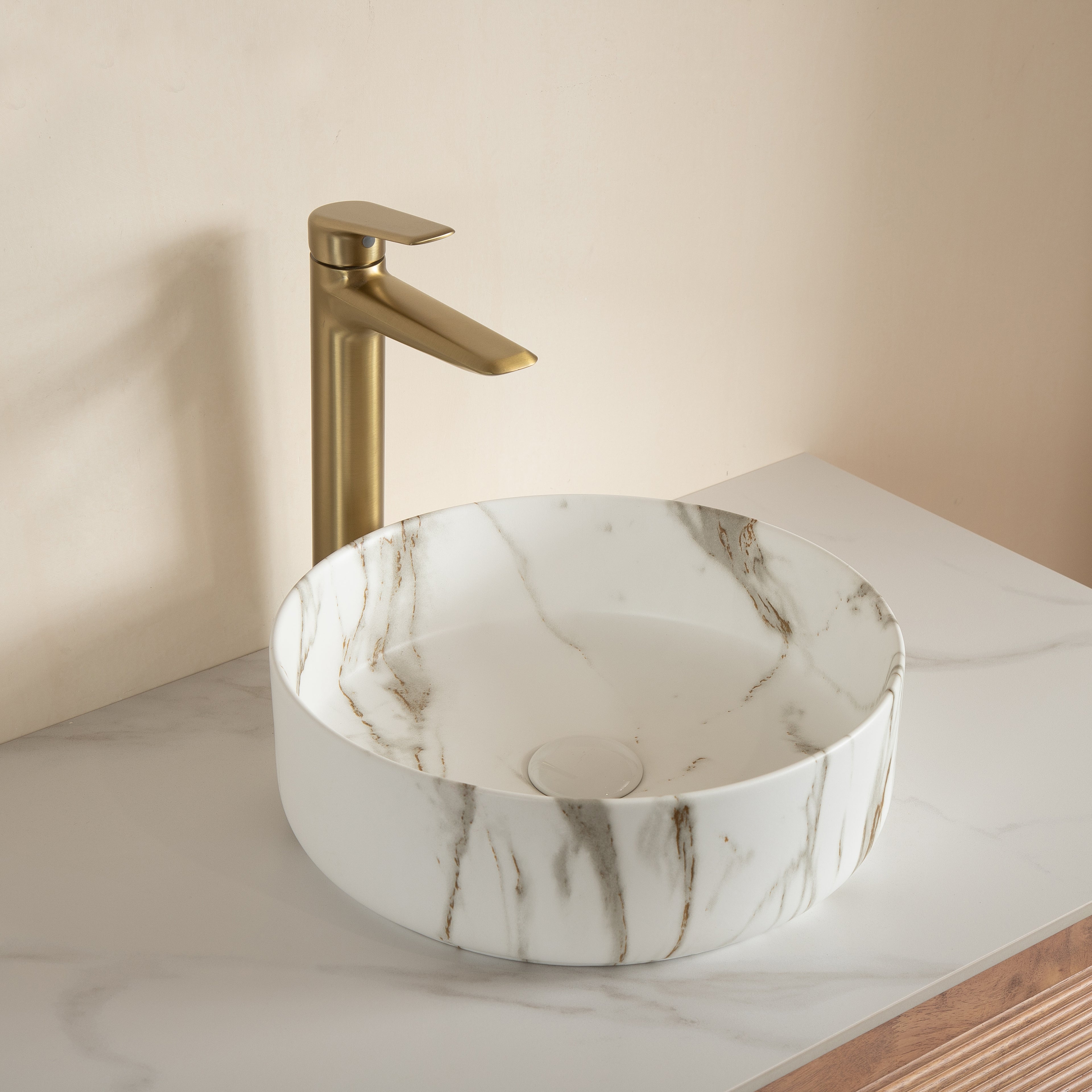 14" Round Vessel Ceramic Bathroom Sink with Stone Pattern