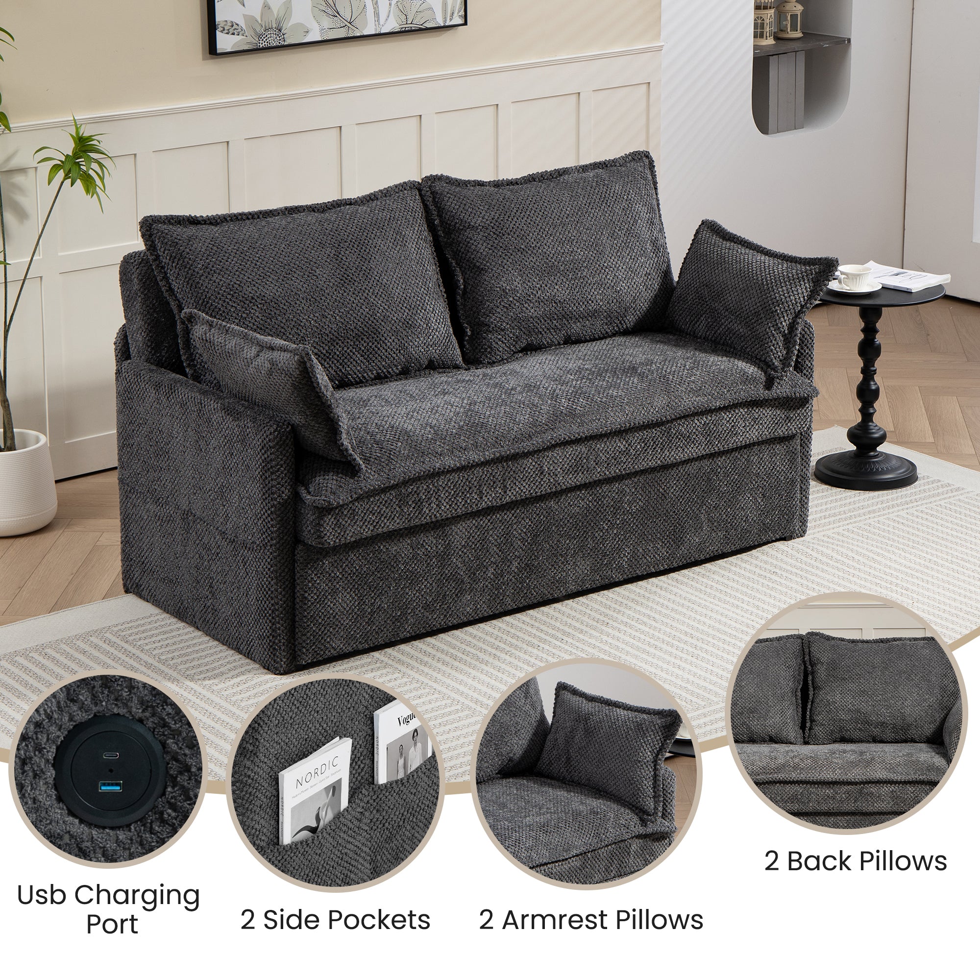 59.5" Ergonomic Sofa Bed with Storage & Charging