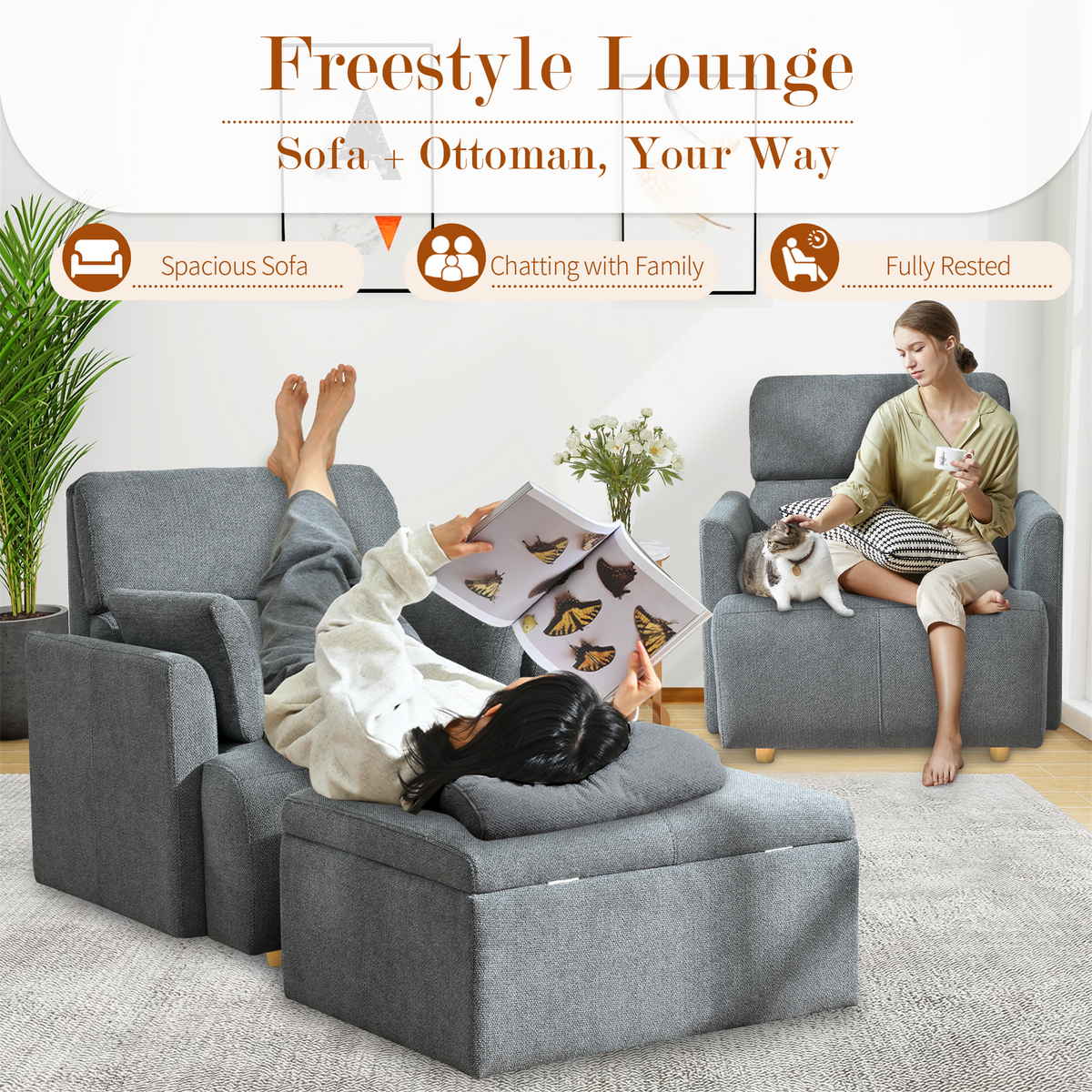 Oversized Accent Chair with Storage Ottoman, Dark Gray Velvet