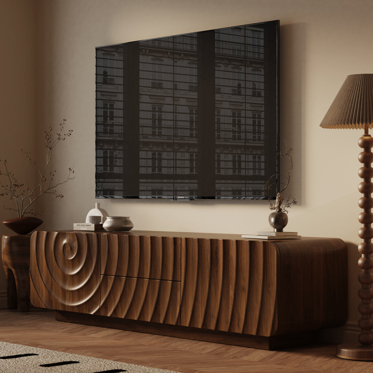 58''Tv Console With Mid Century Unique Spiral Wave Design With Storage Cabinet And 2 Drawers Tv Stand For Living Room, Bedroom