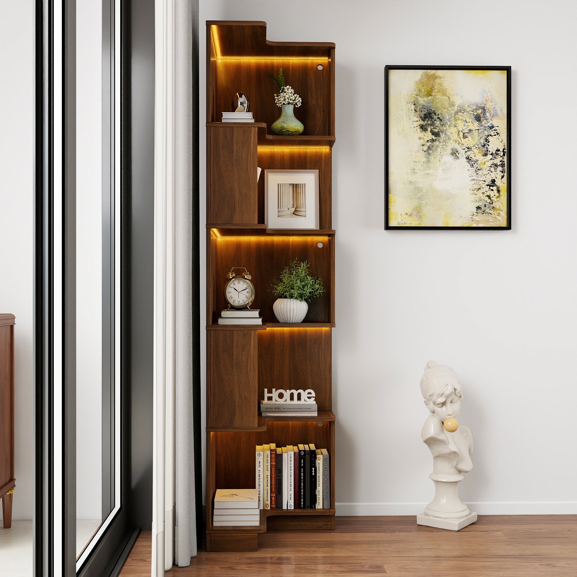 5 Tier Corner Bookshelf with Baffle and LED Lights