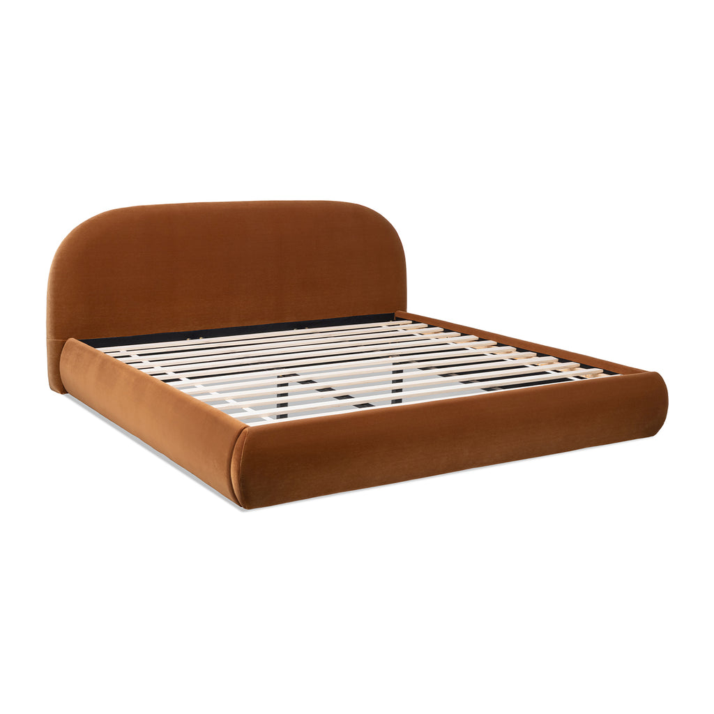 Archie Puffy Grounded Upholstered Platform Bed, King, Burnt