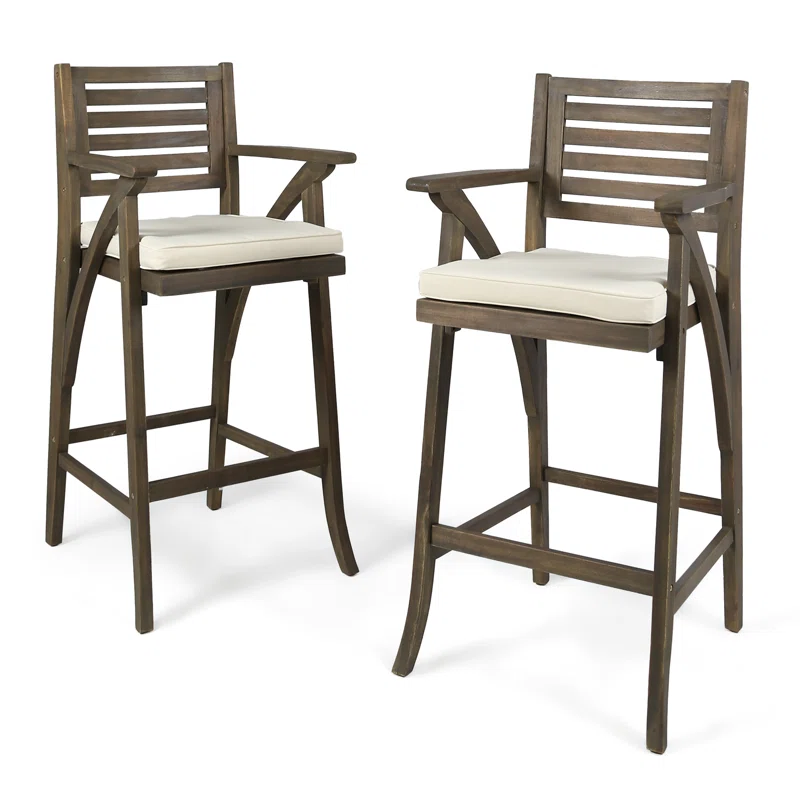 Hermosa 2-Piece Acacia Wood Barstool with Cushion, Grey
