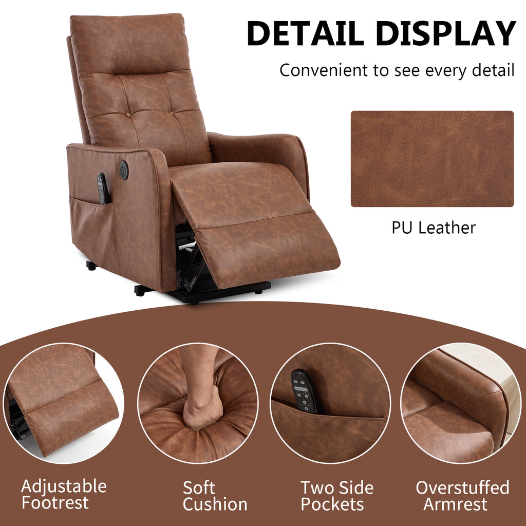 Brown PU Single Motor Power Lift Recliner Chair with Massage and Heat