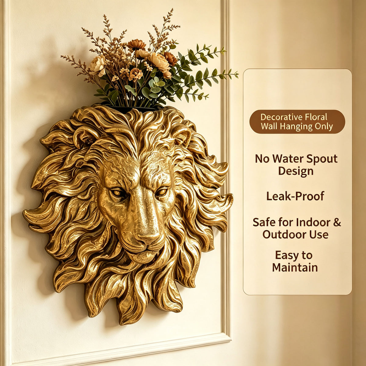 Golden Lion Head Wall Mount Decor, 19'' Resin Lion Head Wall Sculpture Statue, Vintage Animal Bust Wall Art Hanging Ornament for Home Living Room Bedroom Farmhouse Bar Restaurant Wall Decorations Gif