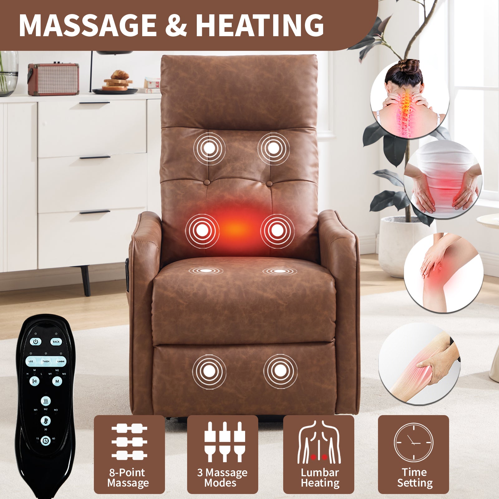 Brown PU Single Motor Power Lift Recliner Chair with Massage and Heat