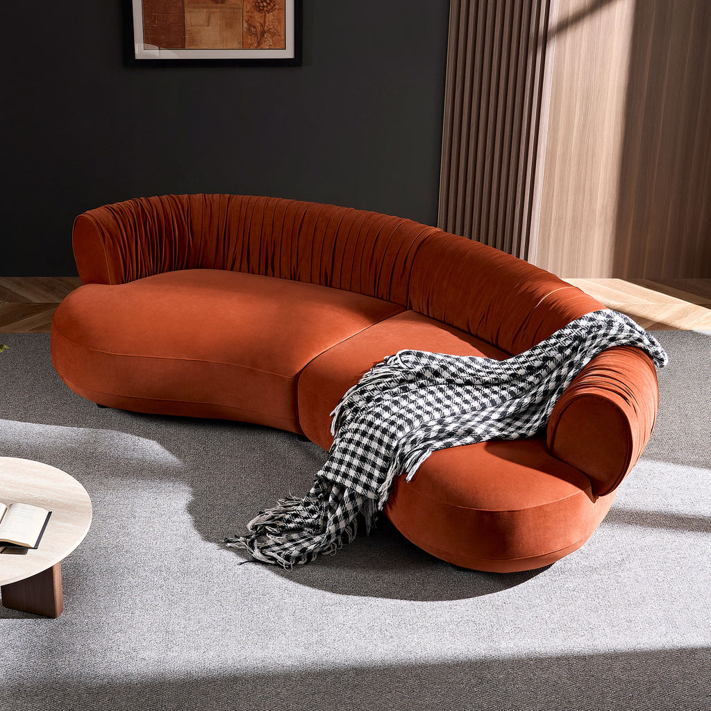 Modern Curved Sofa with Elegant Crescent Silhouette in Orange-Red