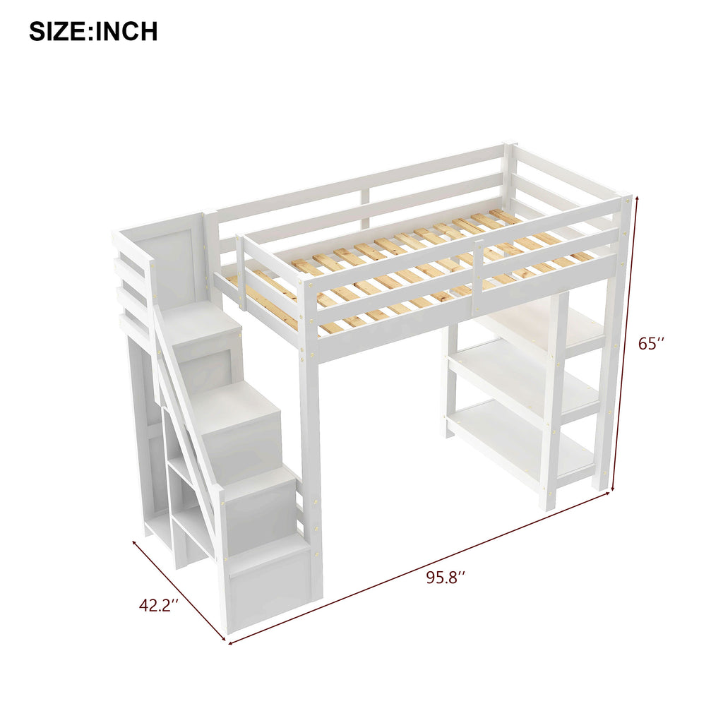 Twin Size Loft Bed with Shelves and Storage Staircase