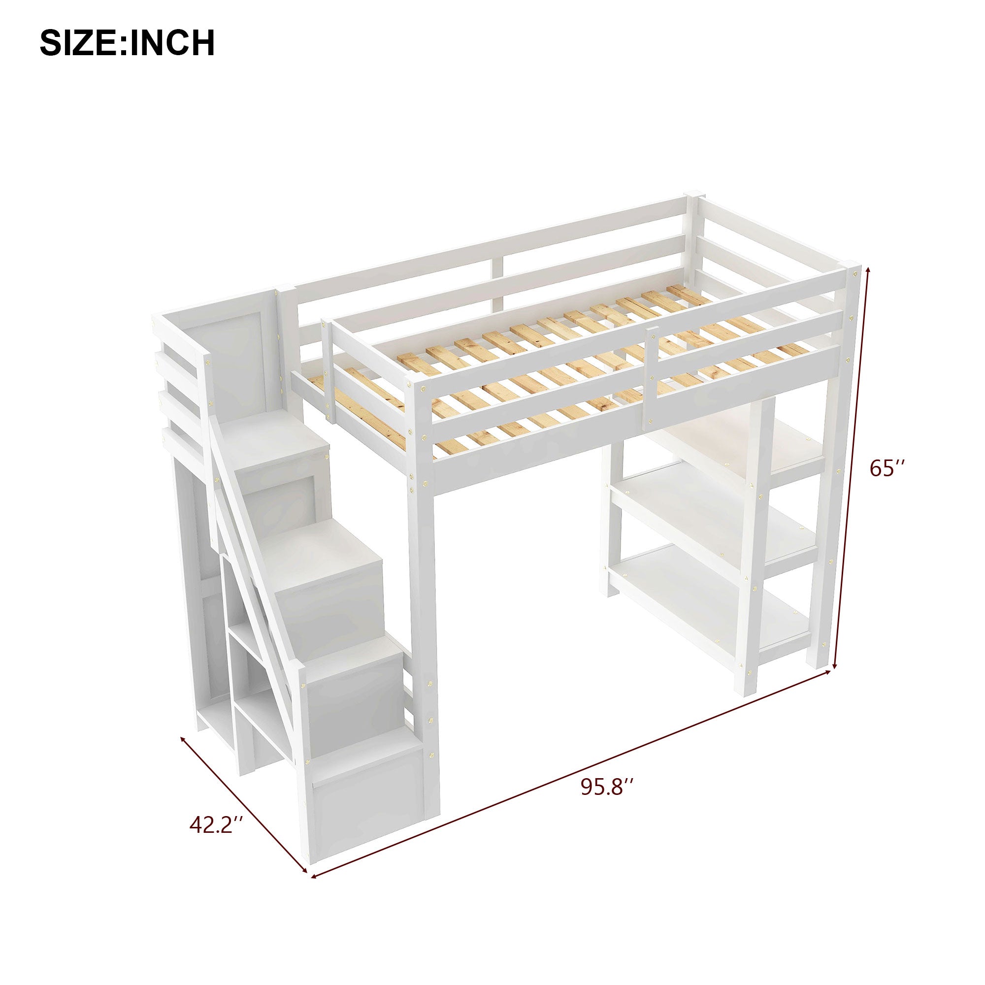 Twin Size Loft Bed with Shelves and Storage Staircase