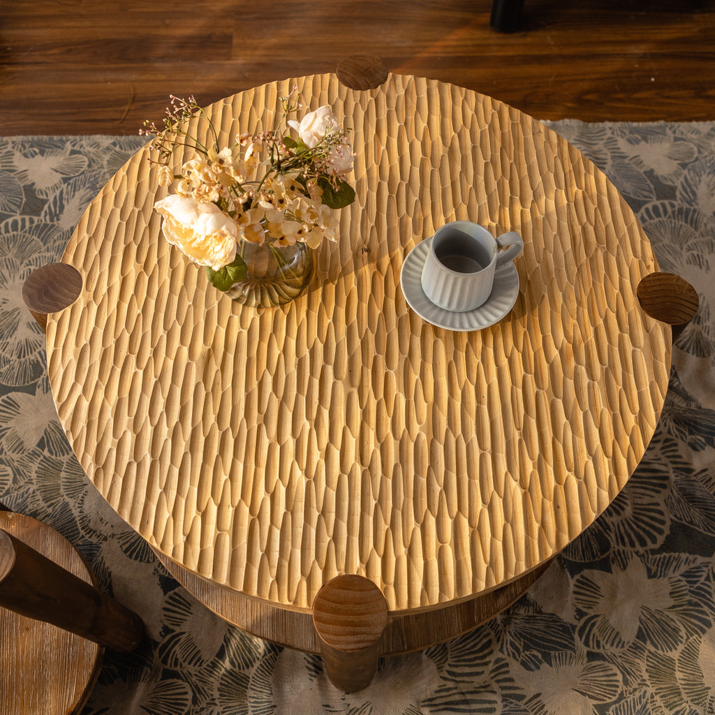 Round Coffee Table with Solid Wood for Living Room