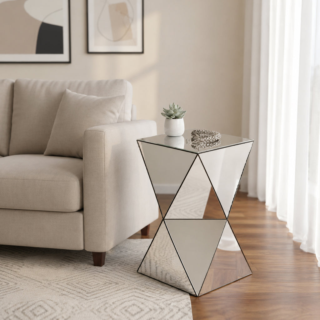 Silver Mirrored Geometric Side Table