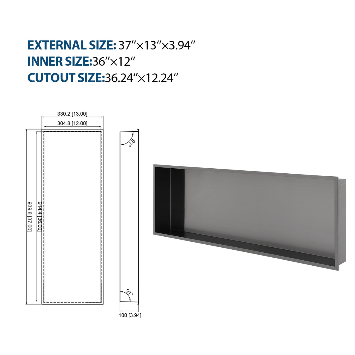 37" x 13" Stainless Steel Shower Niche, Gunmetal