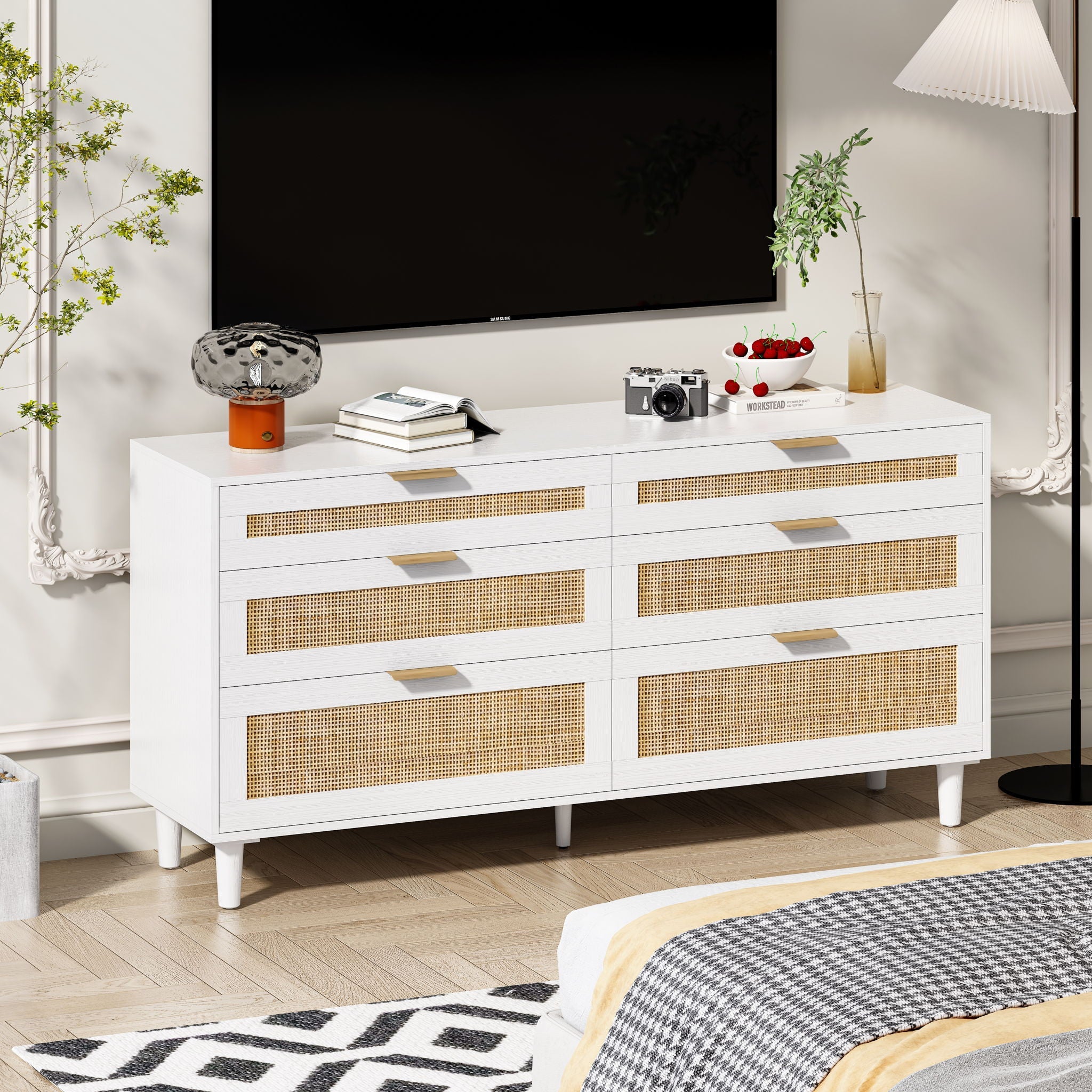 Rattan Dresser With 6 Drawers, Wooden Legs & Metal Handle