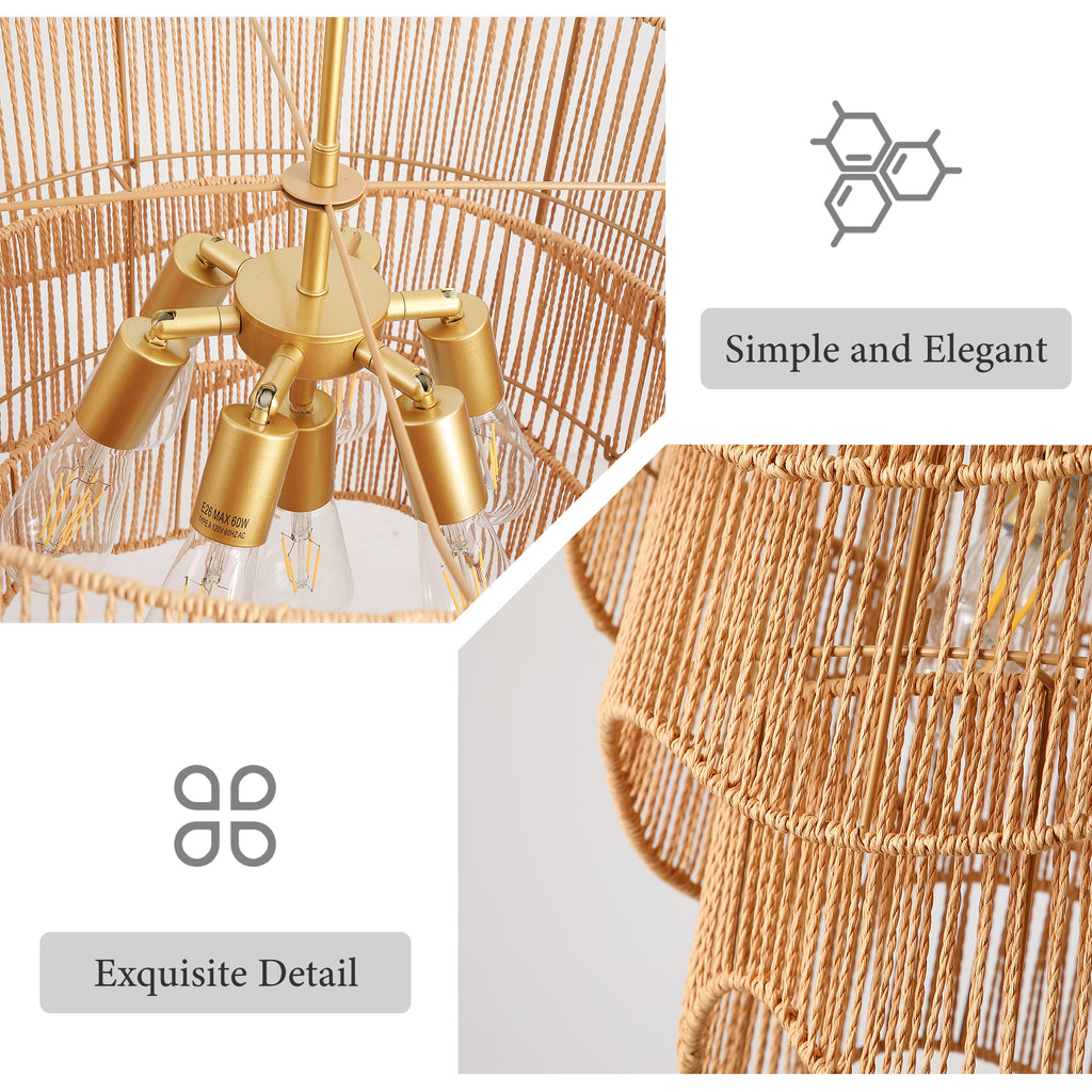 Handwoven Paper Rattan Boho Chandelier with Adjustable Height
