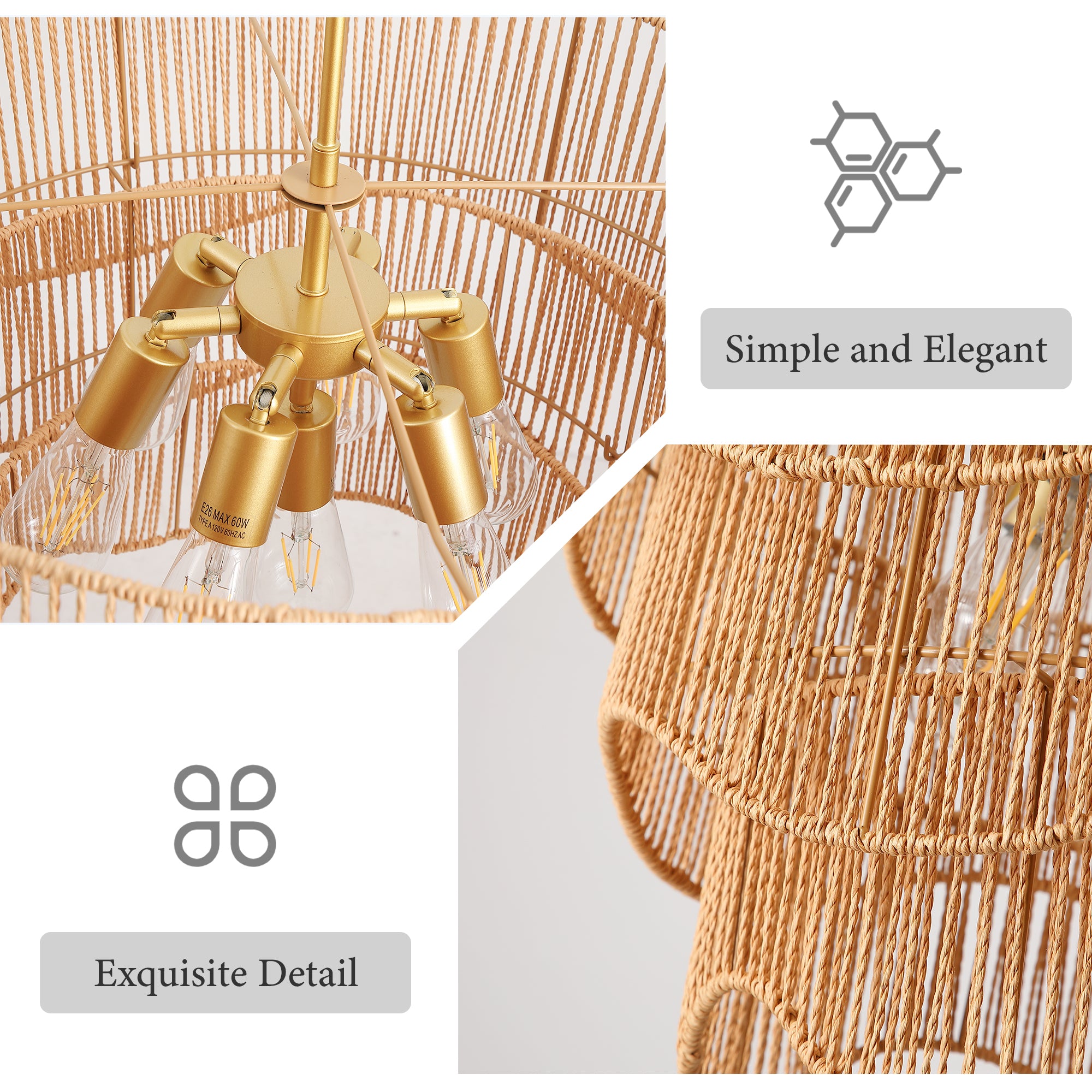 Handwoven Paper Rattan Boho Chandelier with Adjustable Height