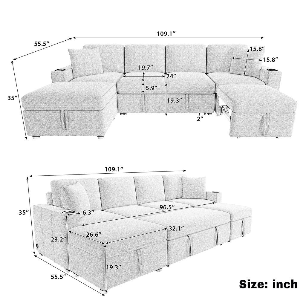 109.1" Sectional Sofa Convertible Pull-out Sofa Bed