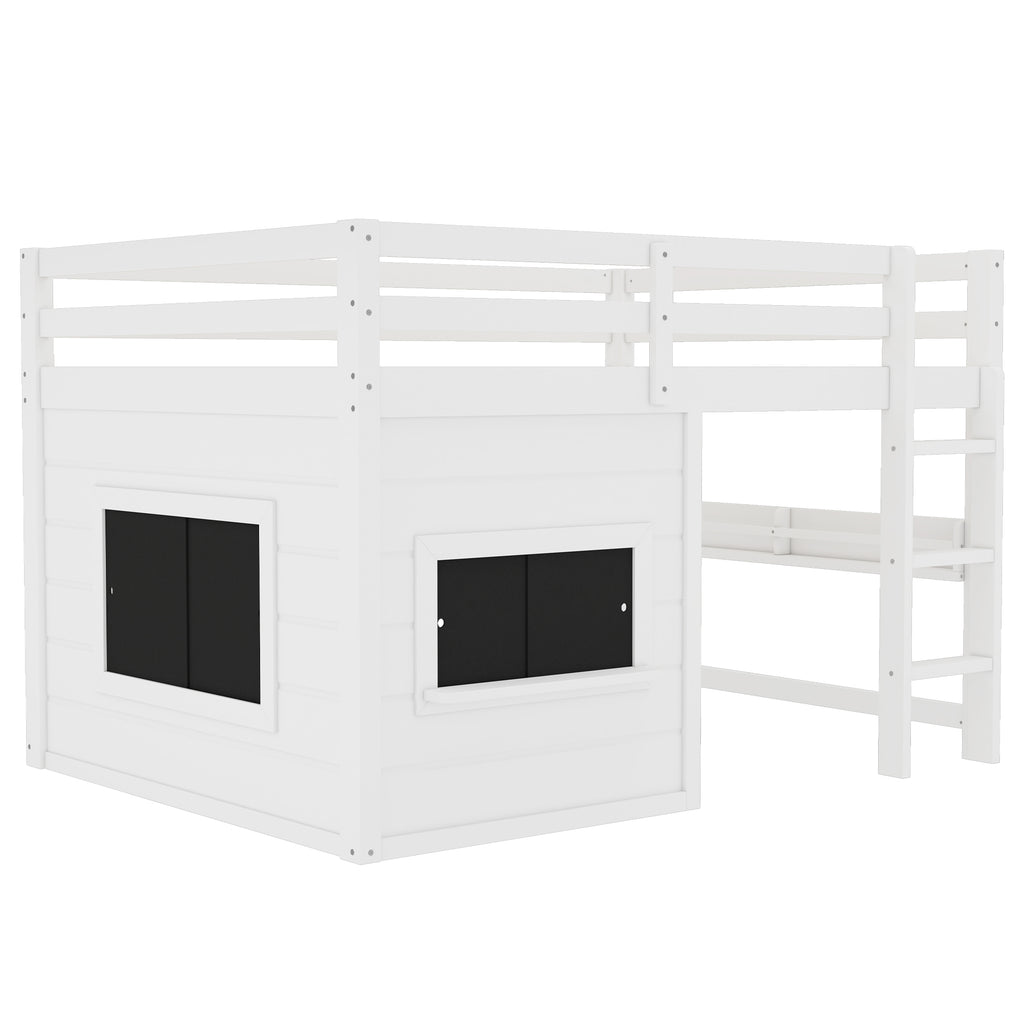 Full Size Loft Bed with Playful Sliding Chalkboard and Bookshelf