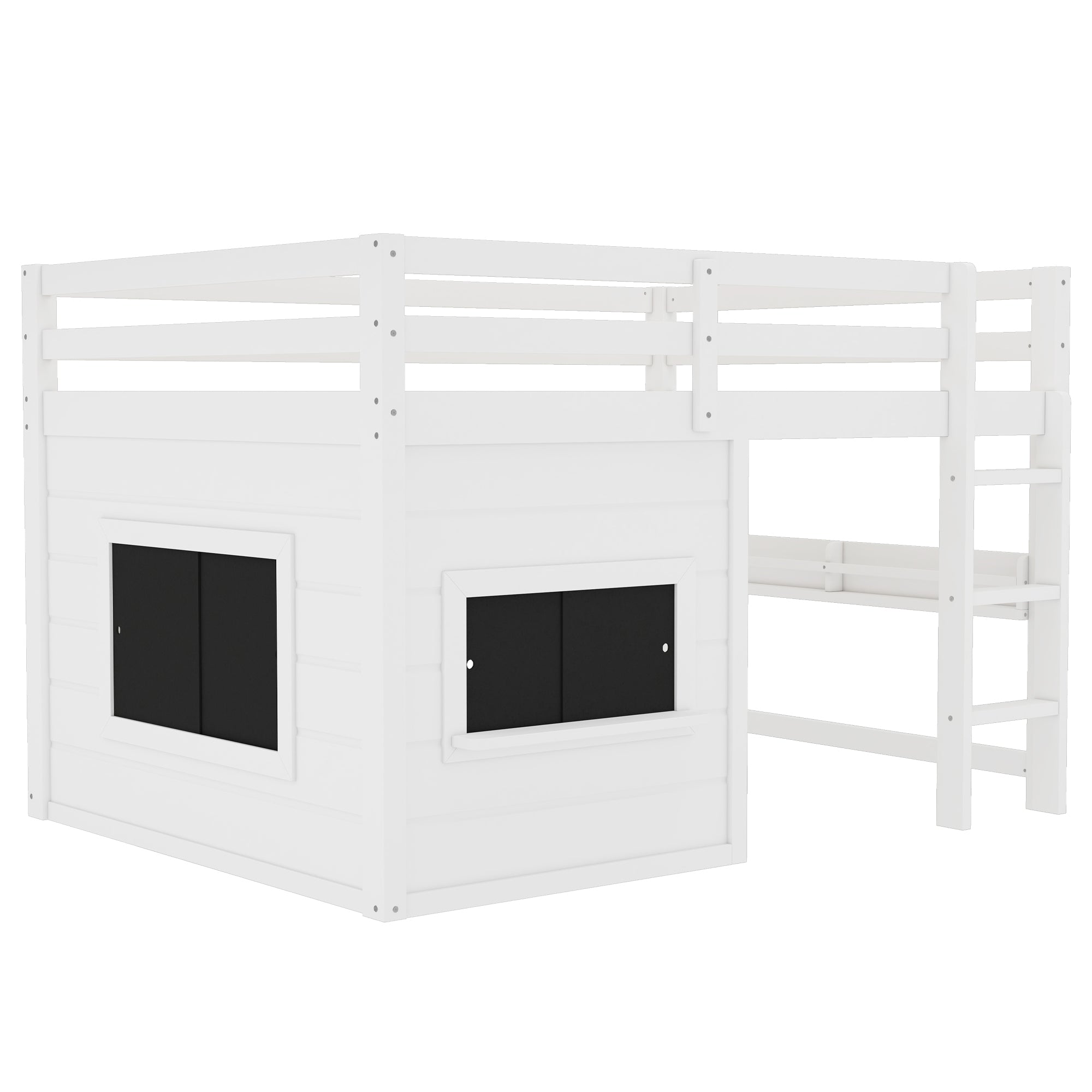 Full Size Loft Bed with Playful Sliding Chalkboard and Bookshelf