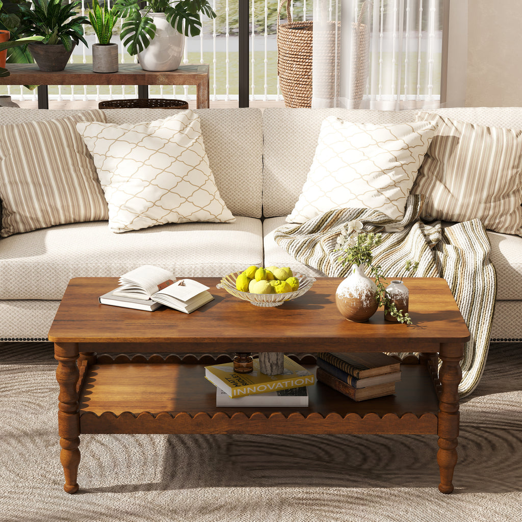 Rectangle Coffee Table Solid Wood Coffee Table with Storage Shelf,Farmhouse 2-Tier Center Table Lacquered Classical Legs,Easy Assembly Apartment Center Sofa Table  for Living Room